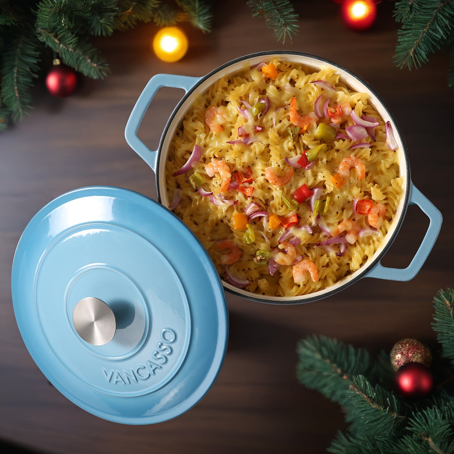 Cast Iron Pot, 5 Liters Blue Round Cast Iron Casserole Pot, Naturally Non-Stick Braise Pan with Stainless Steel Knob Lid Enameled Cast Iron Dutch Oven for All Hob Types - 26cm