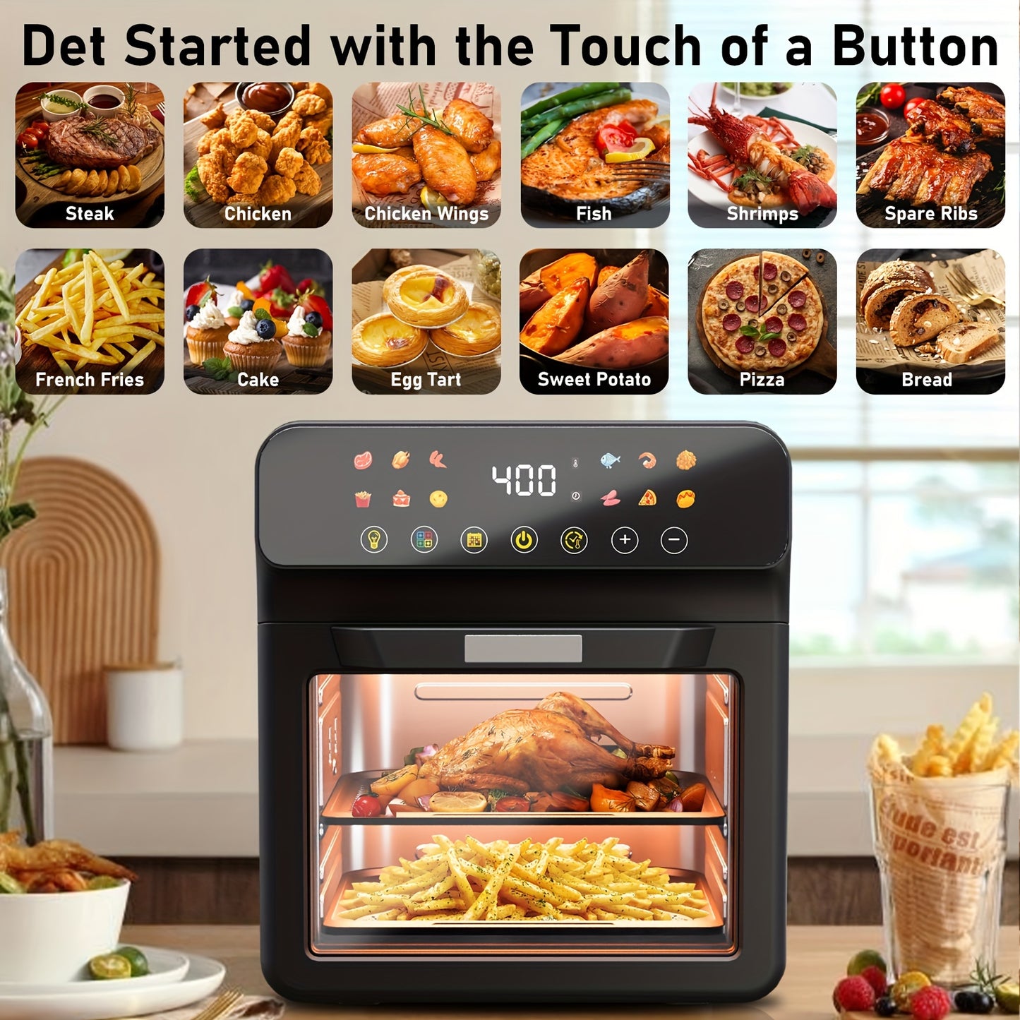 Bluebow 12QT Extra Large Convection Countertop Oven, Air Fryer Toaster Oven Combo, Roast, Bake, Broil, Reheat, Fry Oil-Free, Stainless Steel, LED Digital Touchscreen, Visible Window, Healthy Cooking, Space-Saving Design, Black