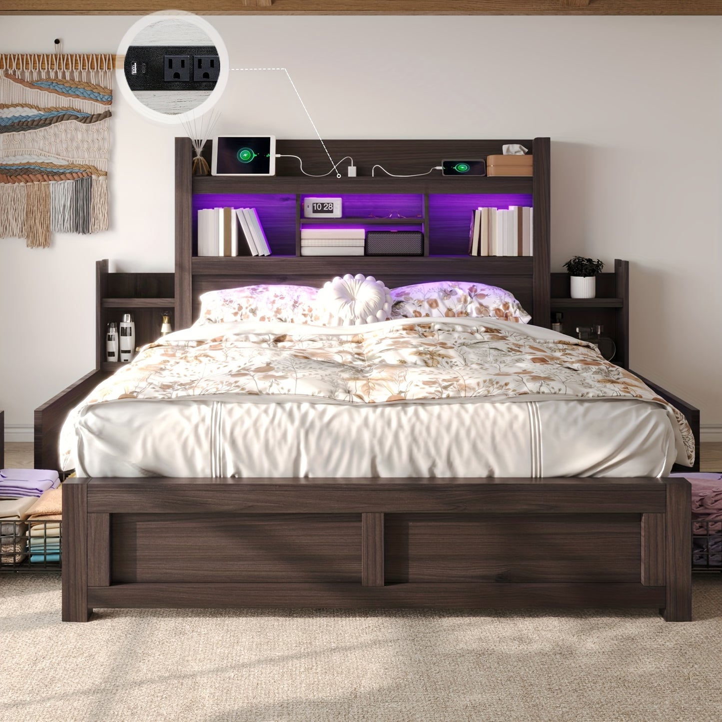 Farmhouse Wooden Bed Frame With 4 Storage Drawers, LED Bed Frame With 49\