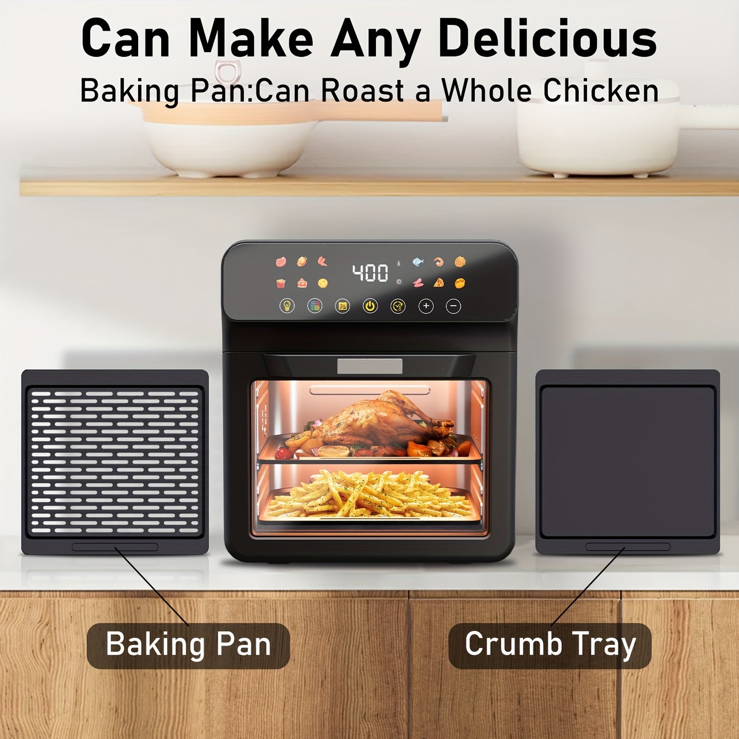 Bluebow 12QT Extra Large Convection Countertop Oven, Air Fryer Toaster Oven Combo, Roast, Bake, Broil, Reheat, Fry Oil-Free, Stainless Steel, LED Digital Touchscreen, Visible Window, Healthy Cooking, Space-Saving Design, Black