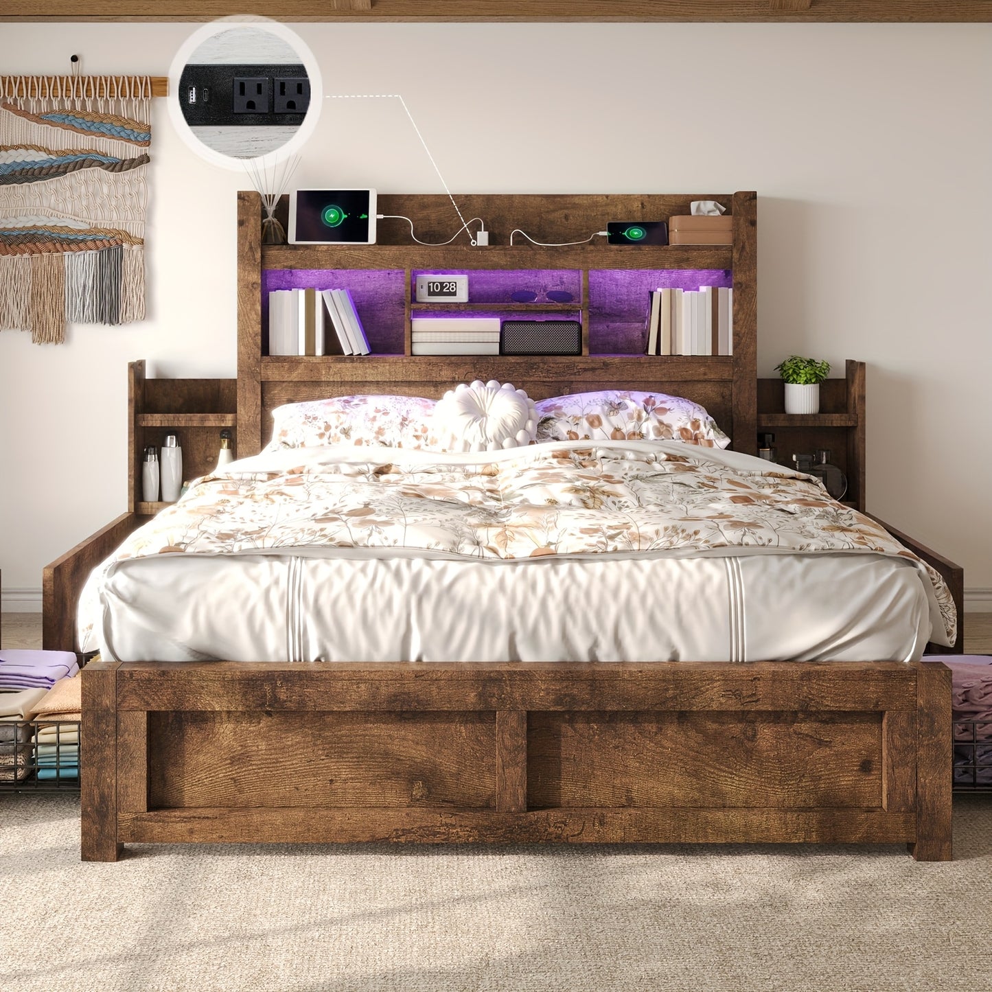 Farmhouse Wooden Bed Frame With 4 Storage Drawers, LED Bed Frame With 49\