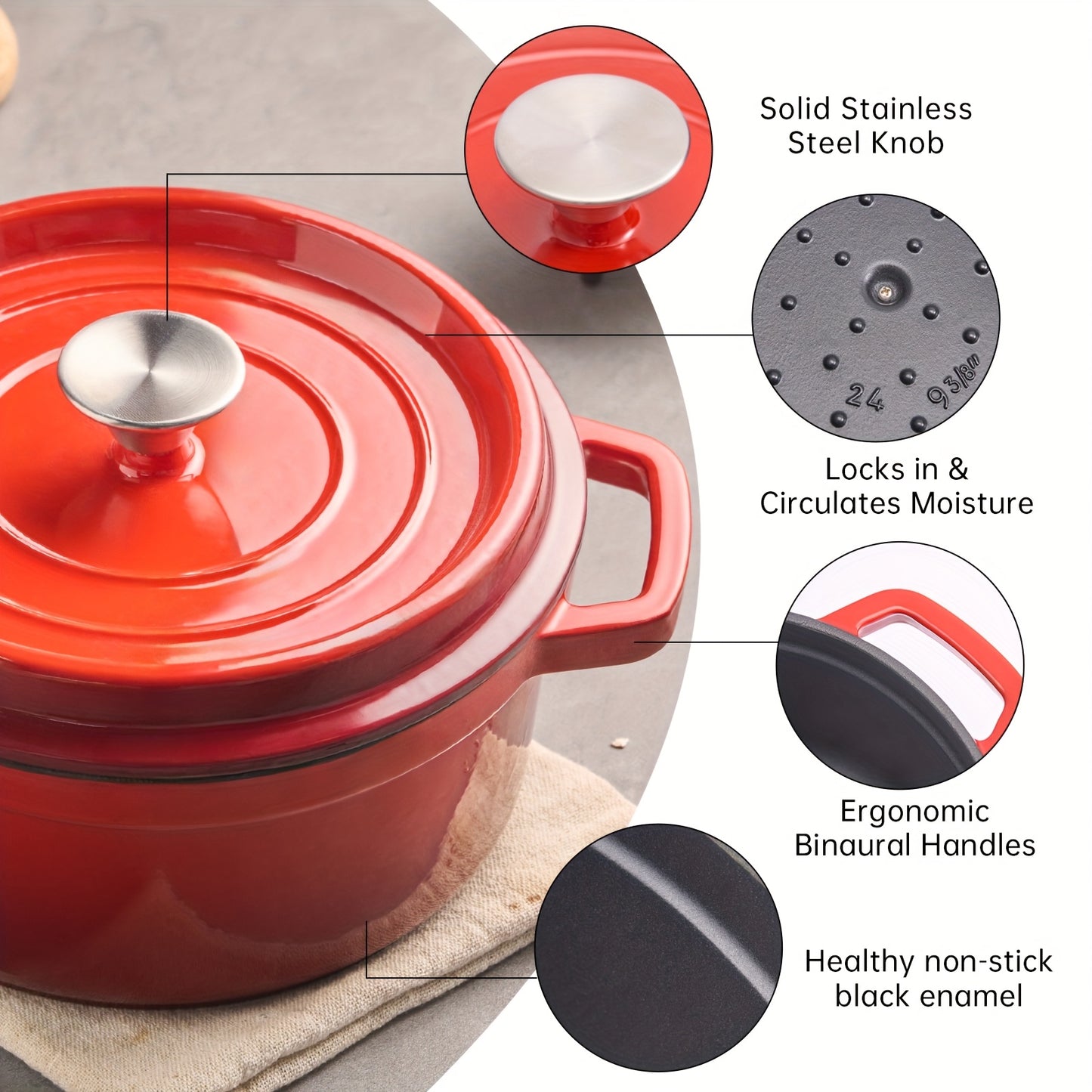 9.5-Inch Enameled Dutch Oven Pot With Lid, Cast Iron Pot For Baking Bread, Non-stick, Oven Safe