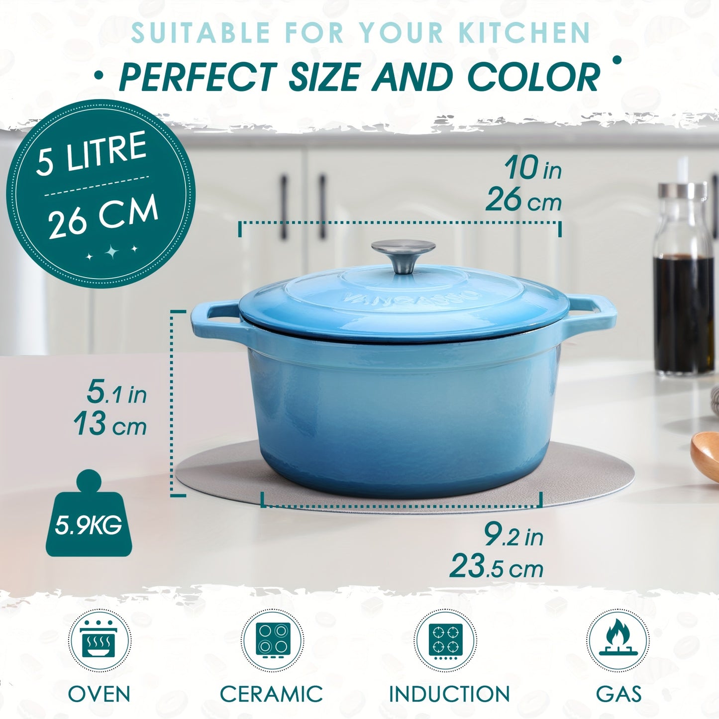 Cast Iron Pot, 5 Liters Blue Round Cast Iron Casserole Pot, Naturally Non-Stick Braise Pan with Stainless Steel Knob Lid Enameled Cast Iron Dutch Oven for All Hob Types - 26cm