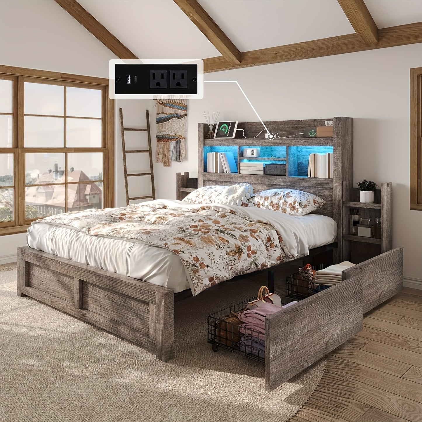 Farmhouse Wooden Bed Frame With 4 Storage Drawers, LED Bed Frame With 49\
