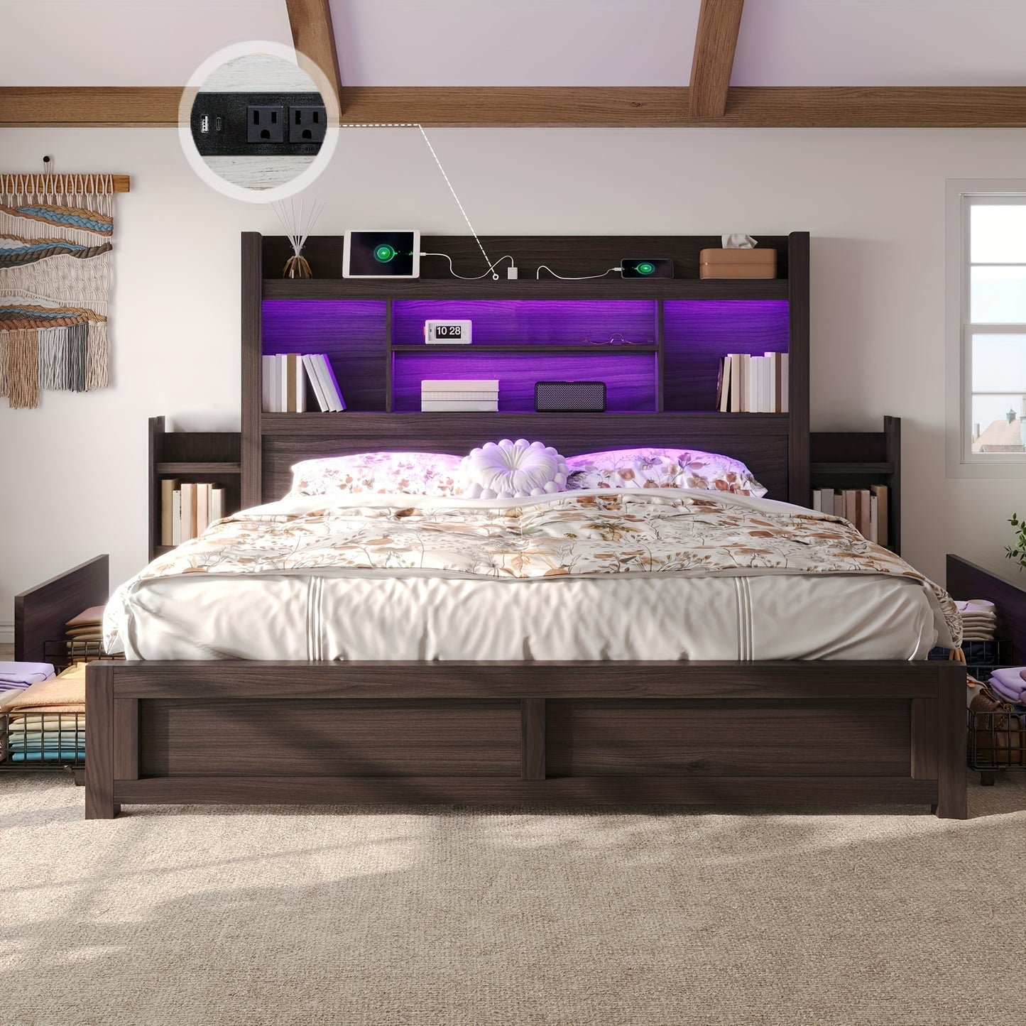 Farmhouse Wooden Bed Frame With 4 Storage Drawers, LED Bed Frame With 49\