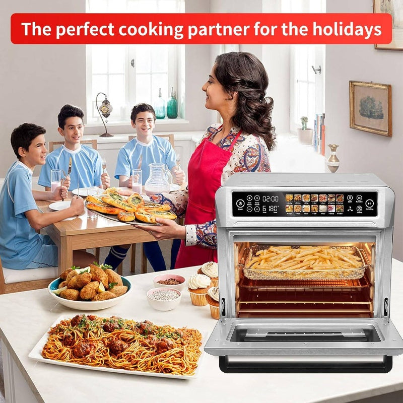 Air Fryer Toaster Oven, 6.6gal Countertop Convection Oven with Color LCD Display and Screen, 14 - in - 1 Functions, Stainless Steel Oven with Preset and Timer, Silvery Metallic, Quick Meals, Compact Design, Nonstick Coating, Easy To Clean, Busy