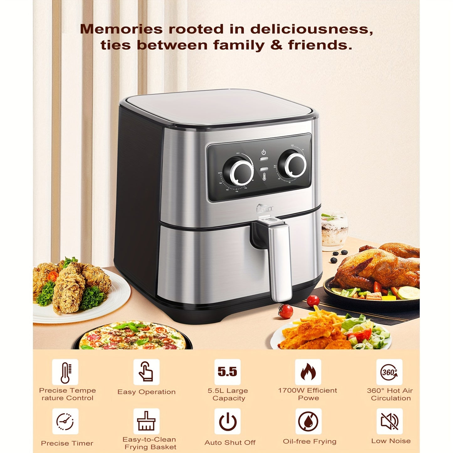 1700W High-Power Air Fryer 5.5L - Uten Electric Airfryer with Temperature Control, Timer, Non-Stick Basket, Fast Oven for Oilless Cooking, Dishwasher Safe, Air Fryer, Cooker