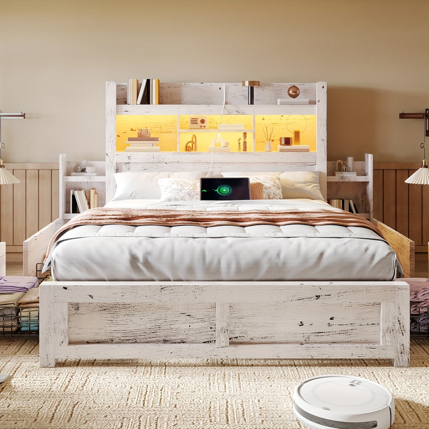 Farmhouse Wooden Bed Frame With 4 Storage Drawers, LED Bed Frame With 49\