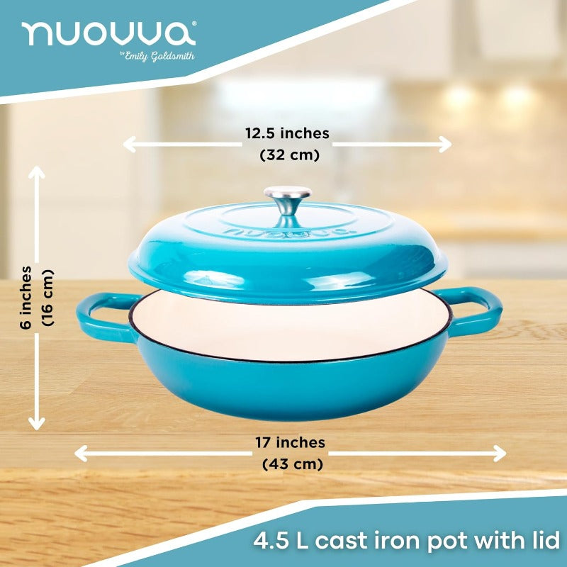 5-Quart Blue Enamel Cast Iron Dutch Oven Pot with Lid - Heavy-Duty Shallow Casserole Cookware, 500°F Oven Safe, Non-Stick Glass Coating, Sturdy Oval Design & Even Heat Distribution for Stovetop-to-Oven Cooking, Braising, Roasting, Baking - Durable &