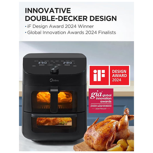11 Quart Midea Dual Basket Air Fryer Oven with 8 Functions, Wi-Fi Connectivity, Alexa Compatibility, Smart Sync Finish, Clear Window, and 50 App Recipes for Baking, Roasting, Grilling, Broiling, and Family Meals