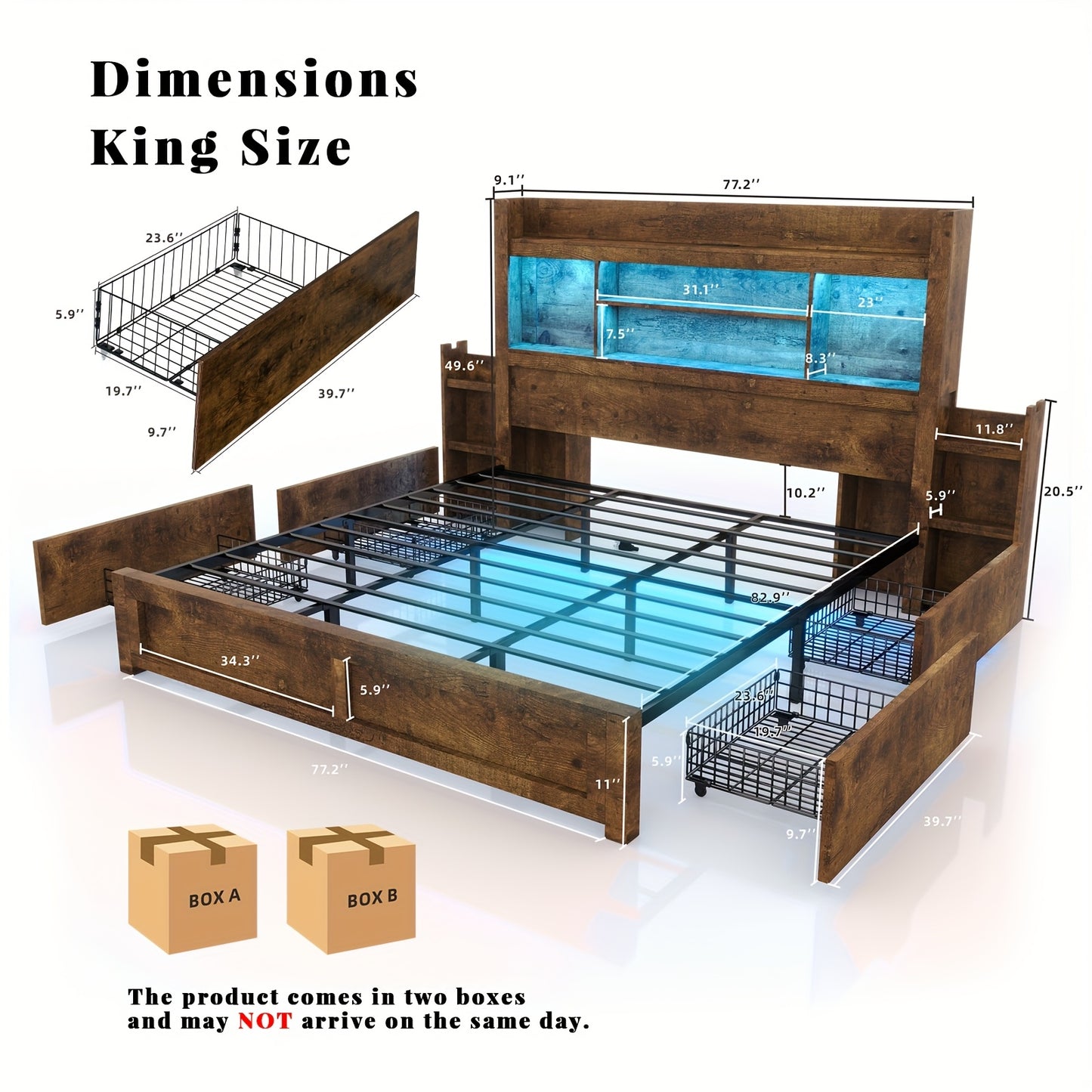 Farmhouse Wooden Bed Frame With 4 Storage Drawers, LED Bed Frame With 49\