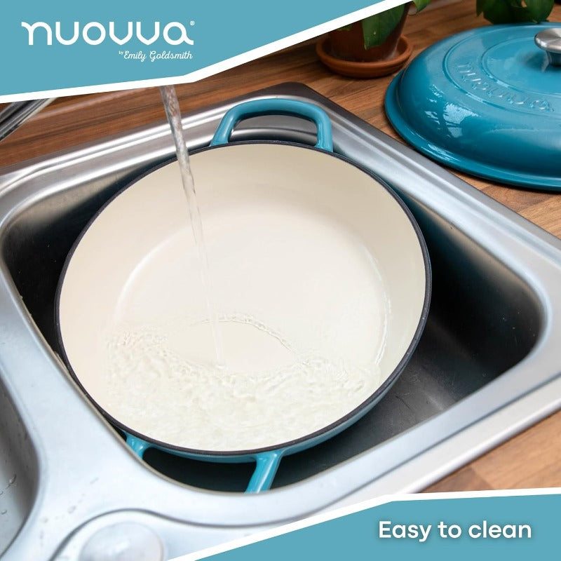 5-Quart Blue Enamel Cast Iron Dutch Oven Pot with Lid - Heavy-Duty Shallow Casserole Cookware, 500°F Oven Safe, Non-Stick Glass Coating, Sturdy Oval Design & Even Heat Distribution for Stovetop-to-Oven Cooking, Braising, Roasting, Baking - Durable &