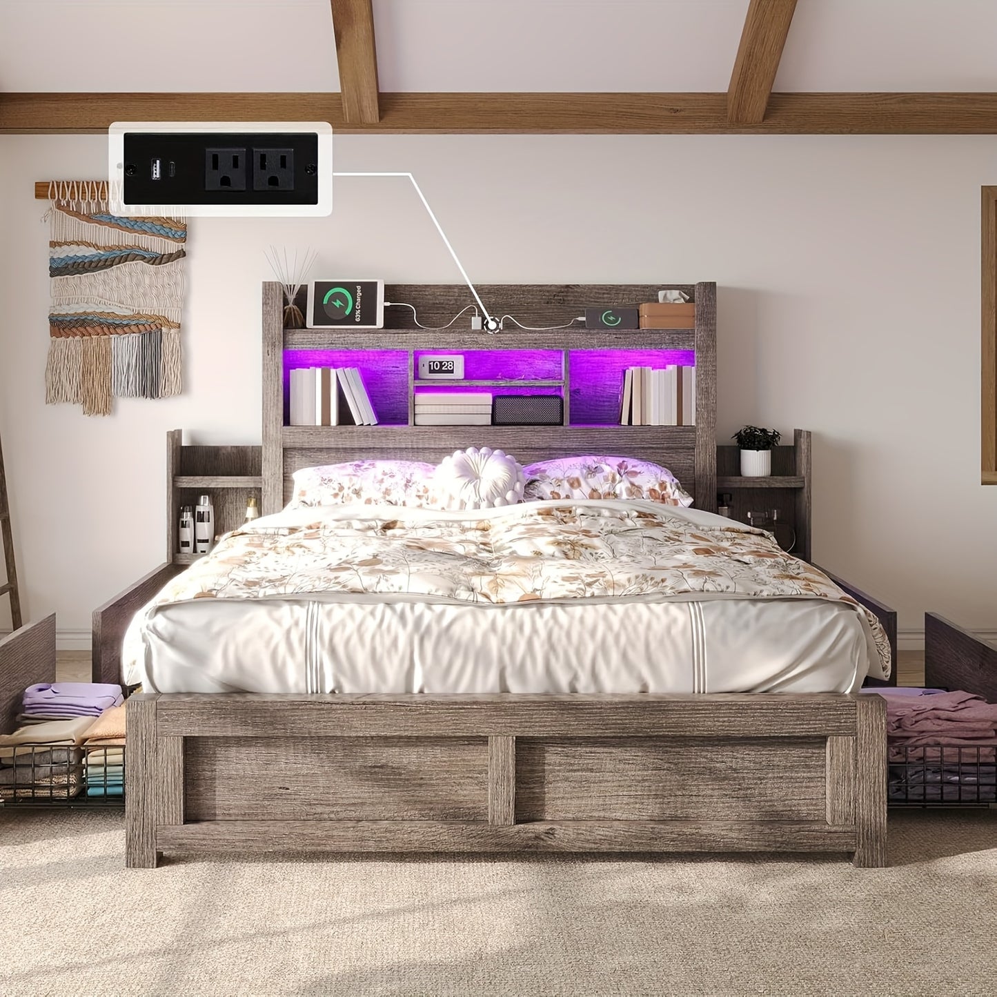 Farmhouse Wooden Bed Frame With 4 Storage Drawers, LED Bed Frame With 49\