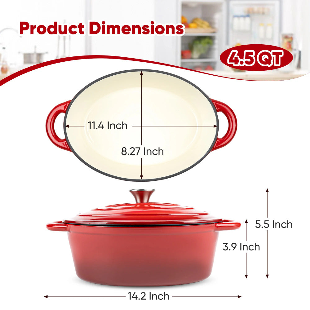 4.5qt Enameled Cast Iron Oval Dutch Oven, Red Nonstick Cookware with Lid – Halloween Gift, Thanksgiving Gift, Christmas Gift