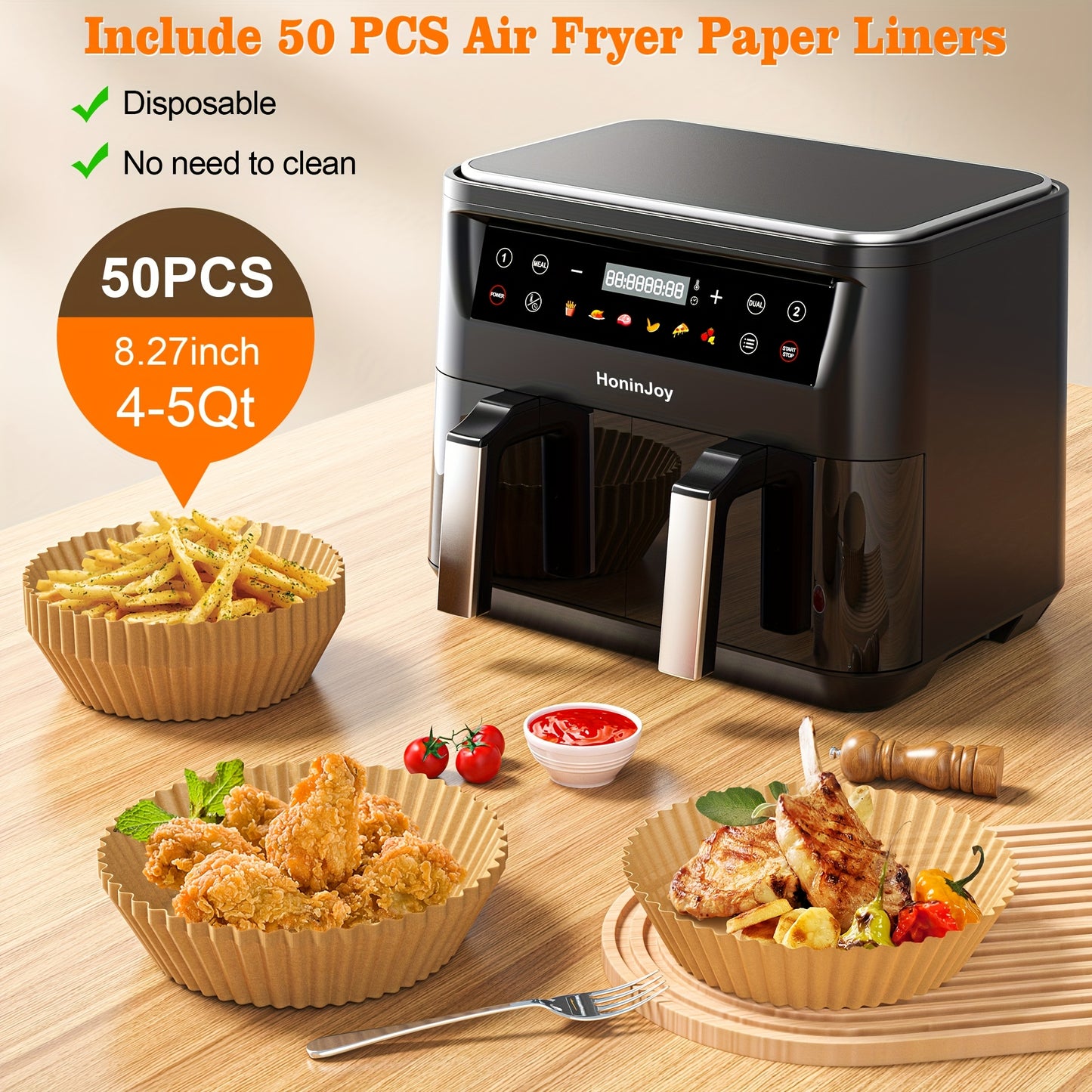 HoninJoy 10Qt 10-in-1 Dual Air Fryer, Fresh Balanced Meals for Family And Children with Double Baskets, Sync Cook & Finish to Bake, Roast, Reheat, Broil for Easy Cooking, Dishwasher Safe - Includes Air Fryer Paper Liners 50pcs
