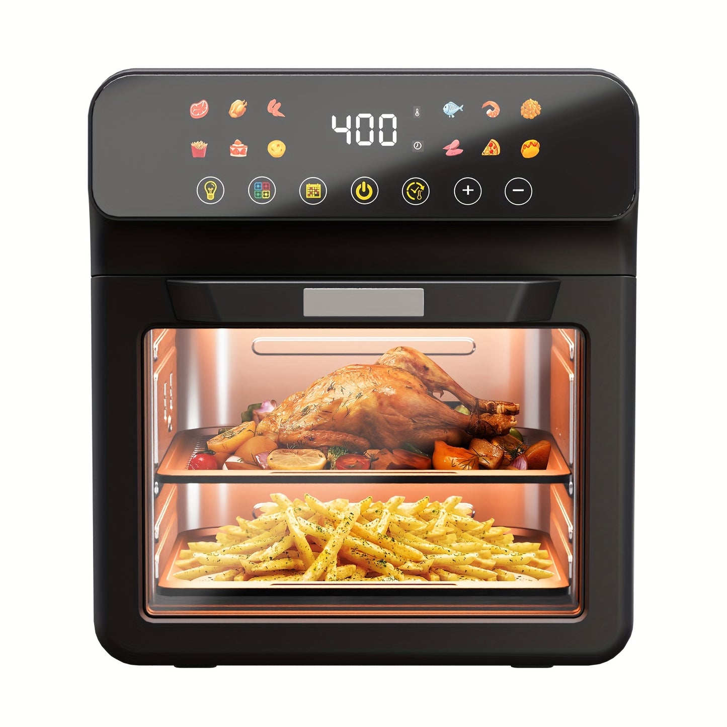 Bluebow 12QT Extra Large Convection Countertop Oven, Air Fryer Toaster Oven Combo, Roast, Bake, Broil, Reheat, Fry Oil-Free, Stainless Steel, LED Digital Touchscreen, Visible Window, Healthy Cooking, Space-Saving Design, Black