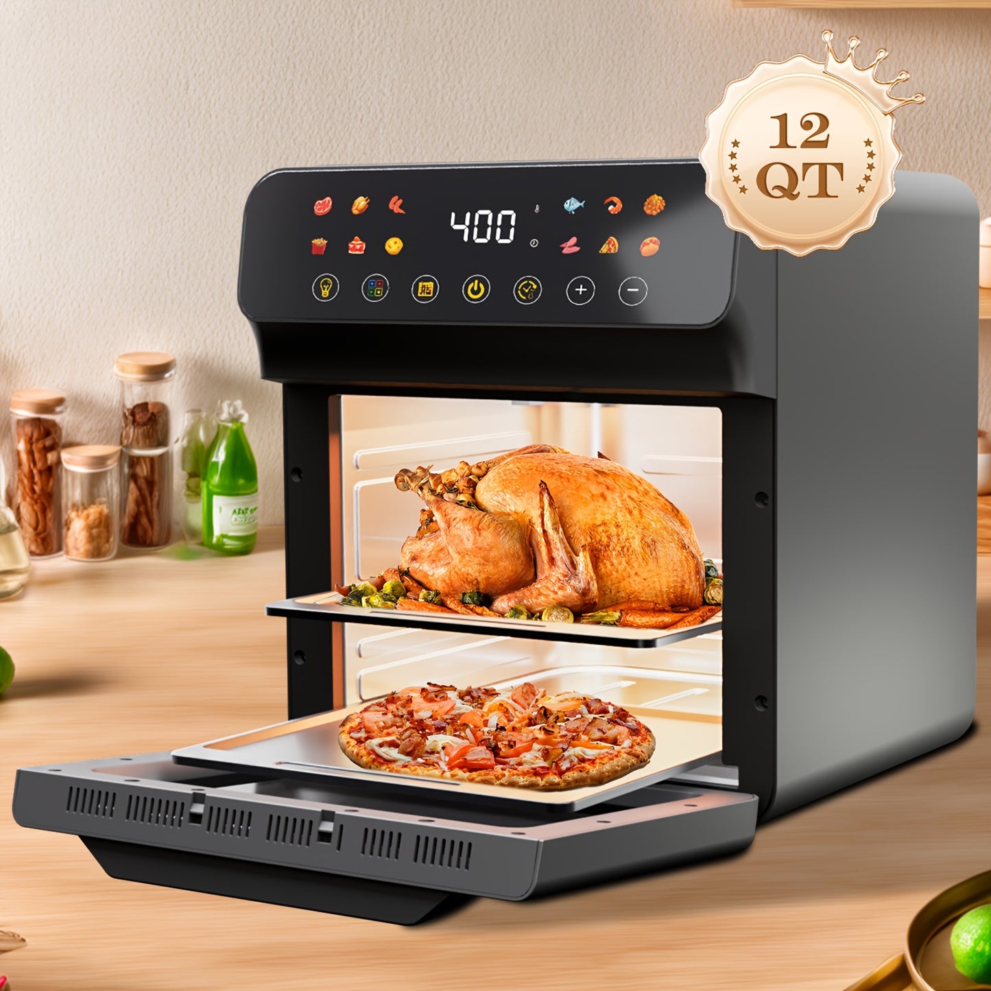 Bluebow 12QT Air Fryer Convection Oven with 12-in-1 Multi Function, Visible Window, Touchscreen, Healthy Choice, Oil-Free, Non-Stick Basket, Easy to Clean, One-Touch Operation, Baking, Heating, Air-drying, Fast Food