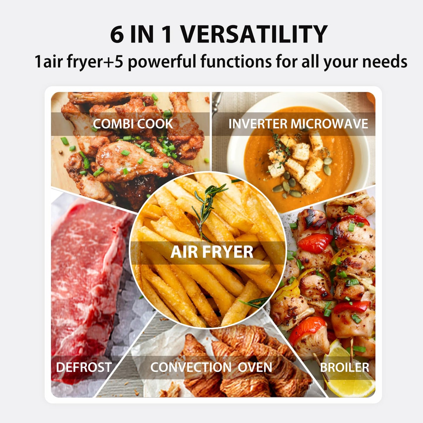 TOSHIBA 6-in-1 Inverter Countertop Microwave Oven Healthy Air Fryer Combo, MASTER Series, Air Fryer, Broil, Convection, Speedy Combi, Even Defrost, Sound On\u002FOff 27 Auto Menu Stainless Steel