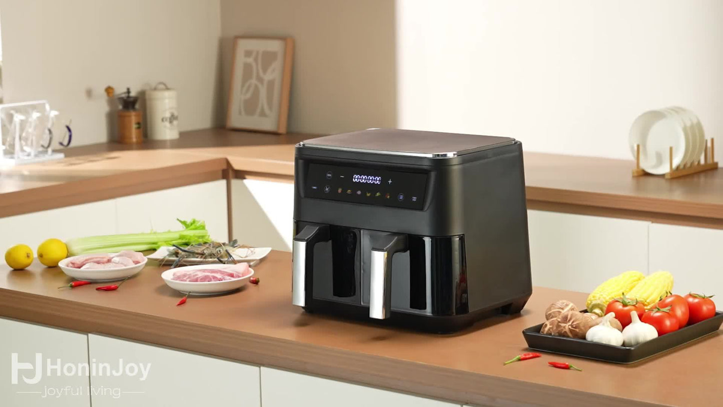 HoninJoy 10Qt 10-in-1 Dual Air Fryer, Fresh Balanced Meals for Family And Children with Double Baskets, Sync Cook & Finish to Bake, Roast, Reheat, Broil for Easy Cooking, Dishwasher Safe - Includes Air Fryer Paper Liners 50pcs