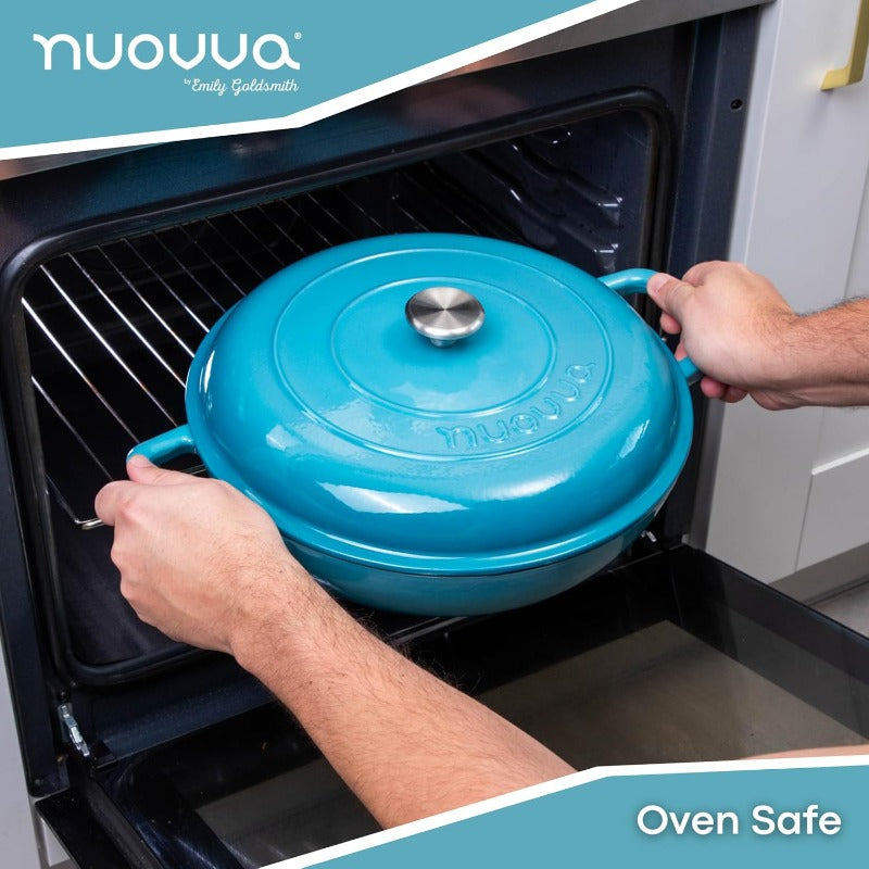 5-Quart Blue Enamel Cast Iron Dutch Oven Pot with Lid - Heavy-Duty Shallow Casserole Cookware, 500°F Oven Safe, Non-Stick Glass Coating, Sturdy Oval Design & Even Heat Distribution for Stovetop-to-Oven Cooking, Braising, Roasting, Baking - Durable &