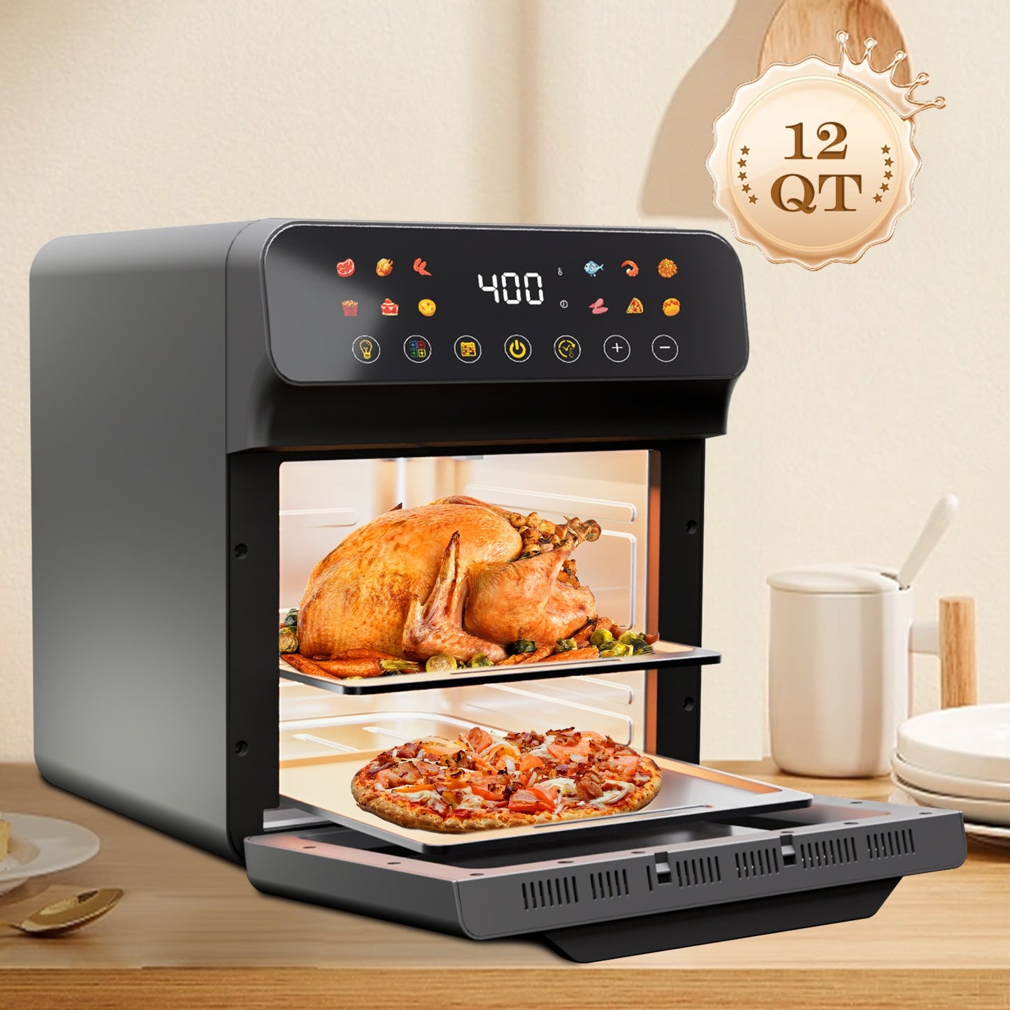 Bluebow 12QT Air Fryer Convection Oven with 12-in-1 Multi Function, Visible Window, Touchscreen, Healthy Choice, Oil-Free, Non-Stick Basket, Easy to Clean, One-Touch Operation, Baking, Heating, Air-drying, Fast Food