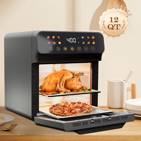 Bluebow 12QT Air Fryer Convection Oven with 12-in-1 Multi Function, Visible Window, Touchscreen, Healthy Choice, Oil-Free, Non-Stick Basket, Easy to Clean, One-Touch Operation, Baking, Heating, Air-drying, Fast Food