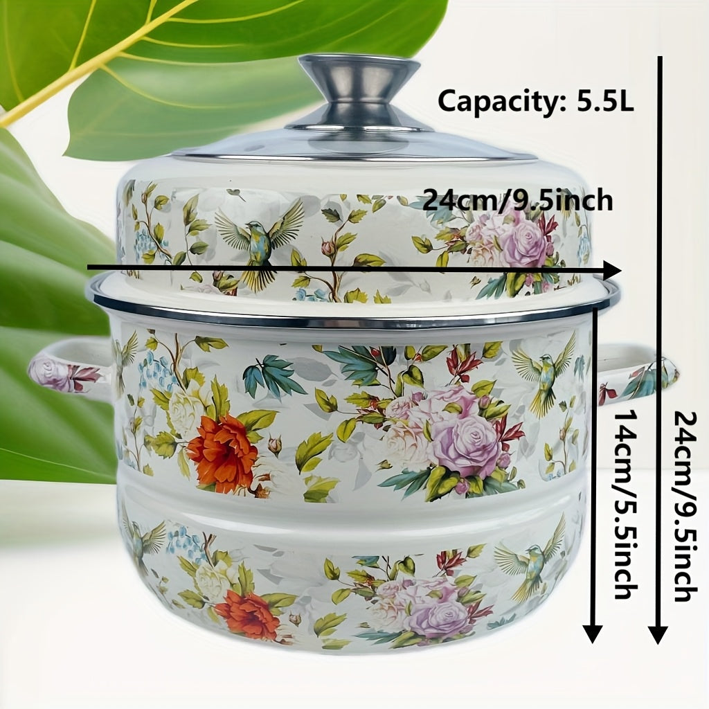 Export to Japan Enamel Double-Layer Steamer Pot with Magpie Pattern - Thickened Stew Pot for Induction & Gas Stove, Versatile Kitchen Cookware for Soup, Rice, and More, Induction Cooktop Pot | Elegant Cookware | Durable Enamel