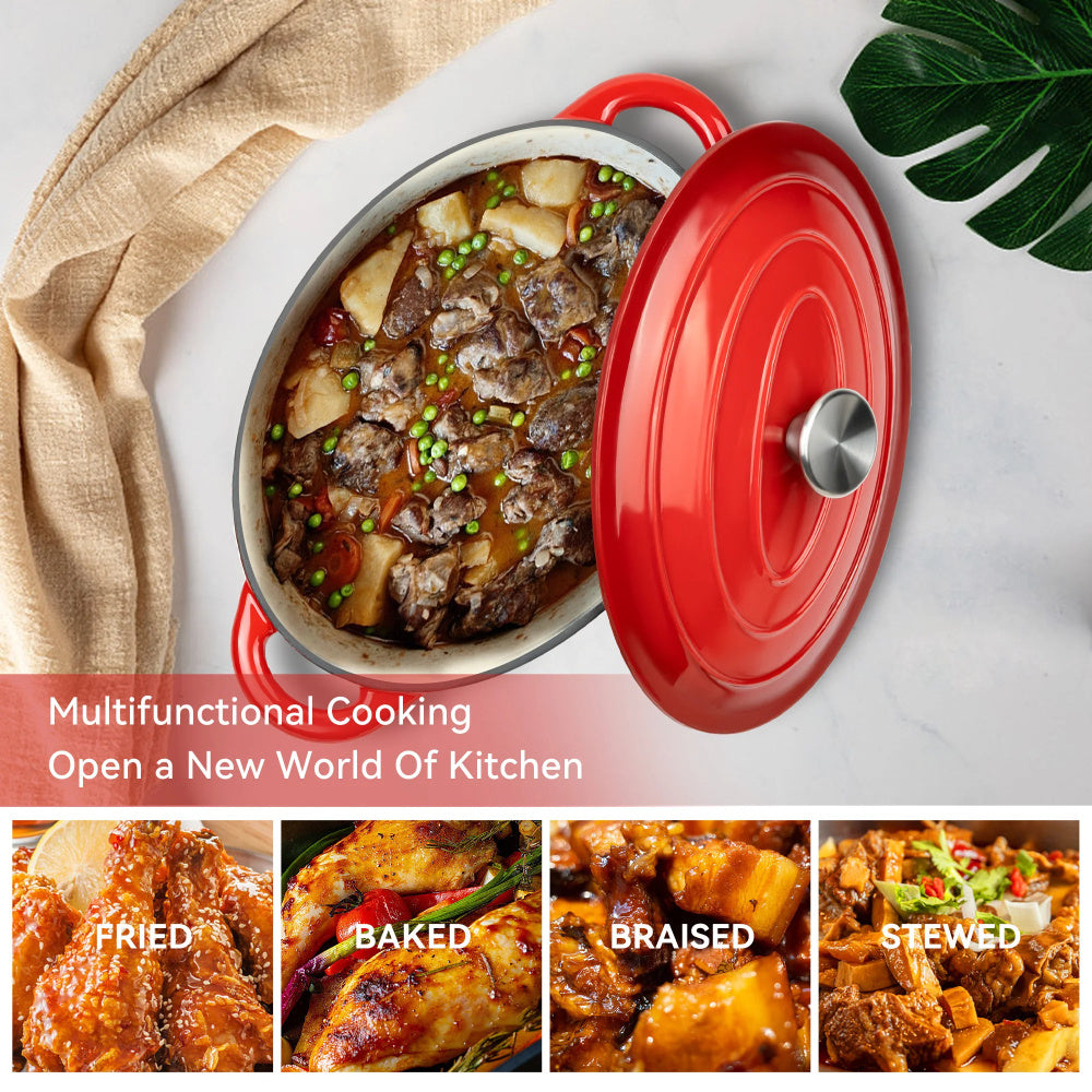 4.5qt Enameled Cast Iron Oval Dutch Oven, Red Nonstick Cookware with Lid – Halloween Gift, Thanksgiving Gift, Christmas Gift