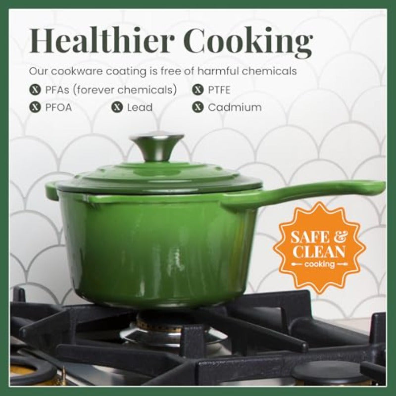 2.2 Qt Enameled Cast Iron Saucepan with Lid - Heavy-Duty Green Enamel Dutch-Style Pot, Oven Safe to 500°F, Induction Compatible, Triple-Layer Non-Stick Coating, Dishwasher Safe, Pour Spouts & Helper Handle for Soups, Stews, Sauces (PFAS