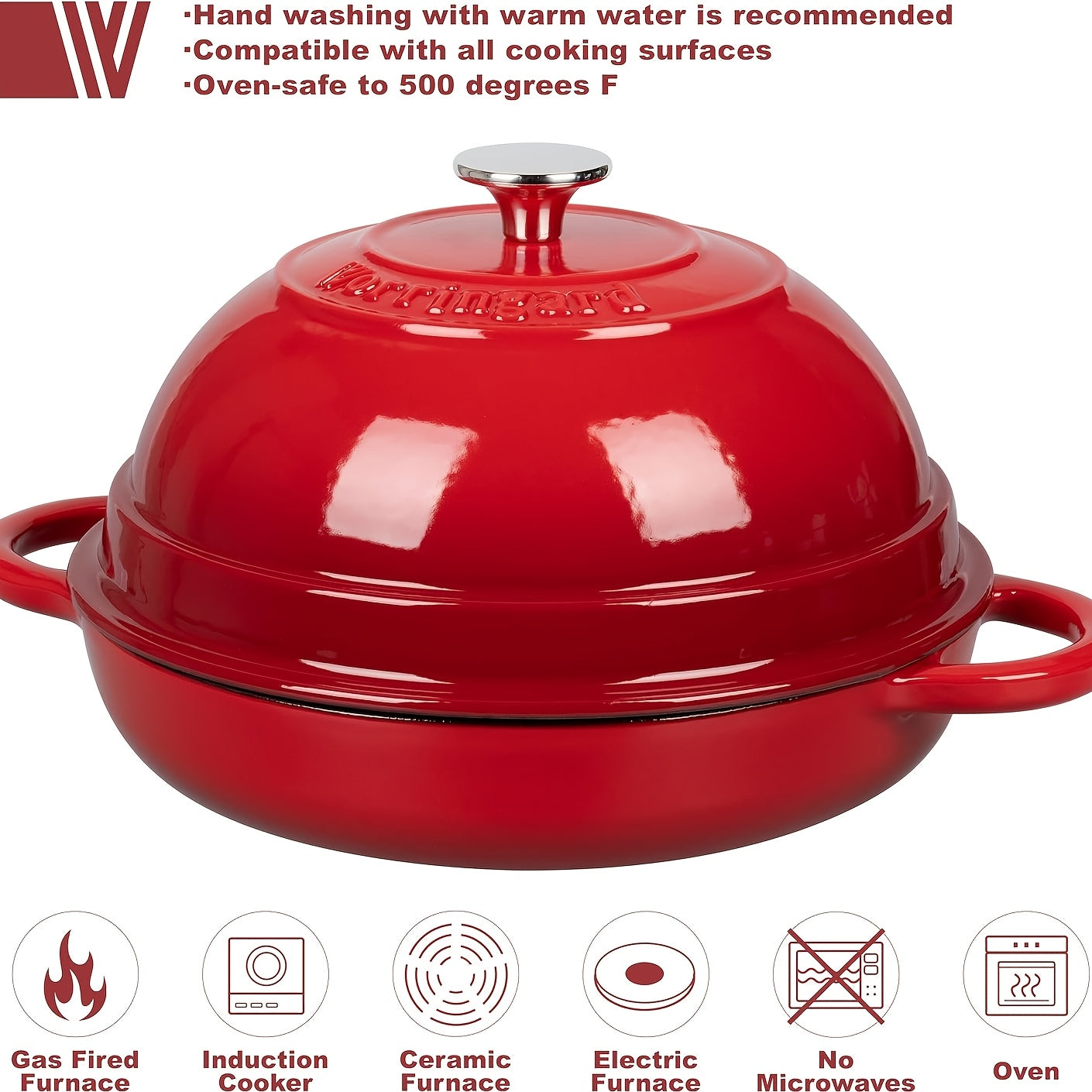 6 Quart Red Cast Iron Enameled Dutch Oven Pot with Lid - Heavy-Duty Round Oven- Baking & Braising Pan, Enamel Coating for Even Heat Distribution, Lid Lock & Steam-Retaining Dome, Compatible with Stovetop, Oven, Campfire (Bread