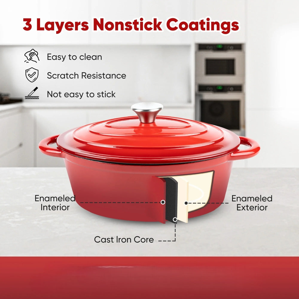 4.5qt Enameled Cast Iron Oval Dutch Oven, Red Nonstick Cookware with Lid – Halloween Gift, Thanksgiving Gift, Christmas Gift