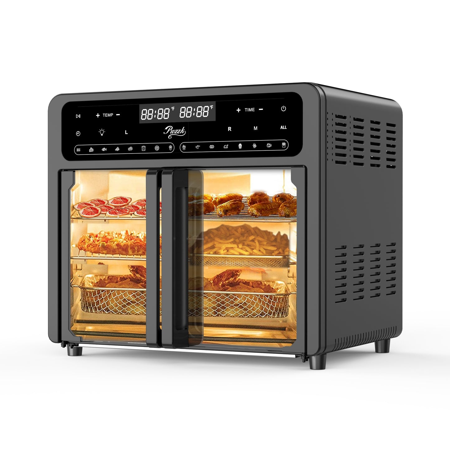 PwZzk 25, 4QT Dual Zone Air Fryer Oven, French Glass Door, XL Size, 100-430F, 16 Presets, LED Display, Dual Fan, 360 Heating, Rotisserie, Bake, Toast, Dehydrate, Reheat, Also In 5, 8QT Glass Drawer, 8 Presets, Coating Free, Flip Lid, for 1-3 People