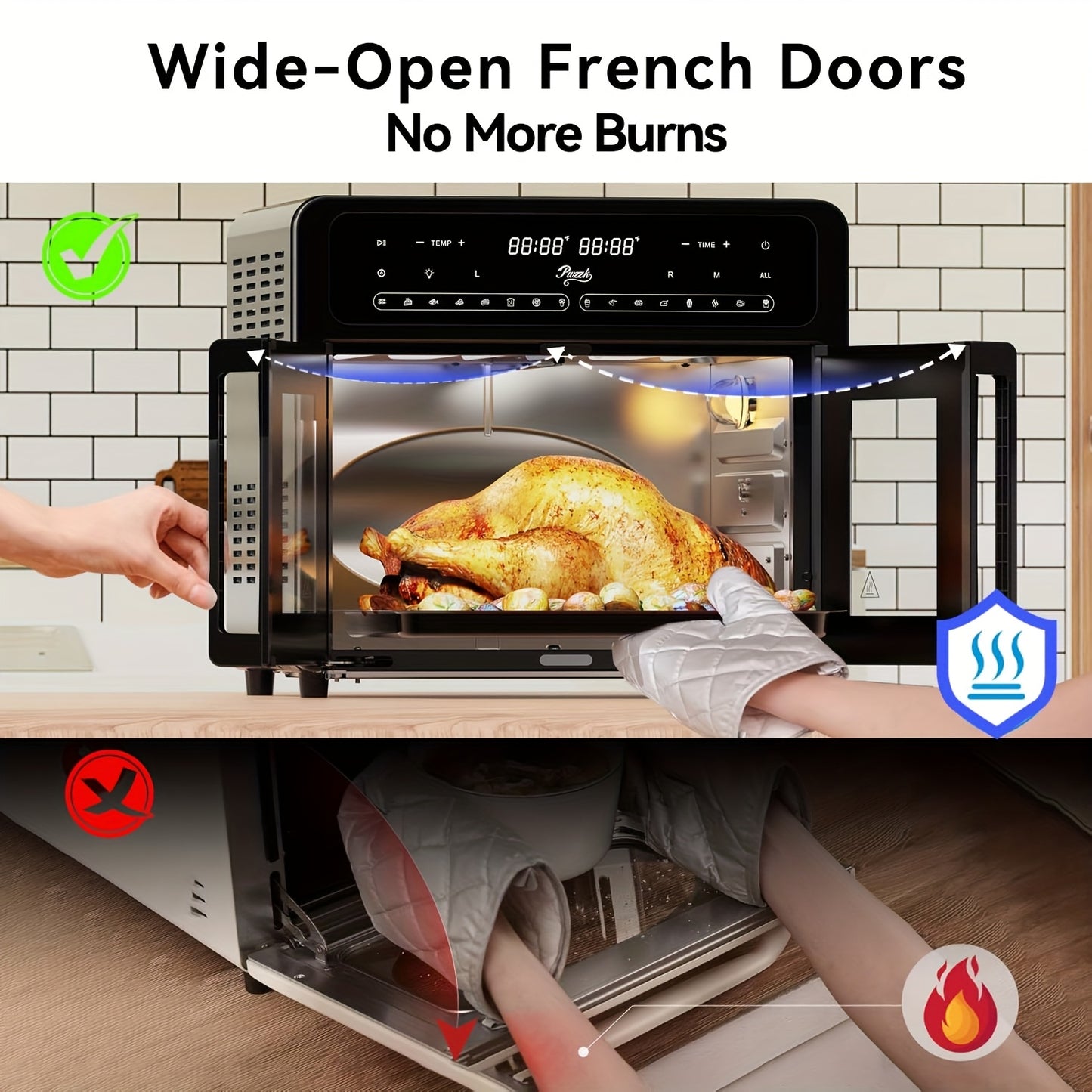 PwZzk 25, 4QT Dual Zone Air Fryer Oven, French Glass Door, XL Size, 100-430F, 16 Presets, LED Display, Dual Fan, 360 Heating, Rotisserie, Bake, Toast, Dehydrate, Reheat, Also In 5, 8QT Glass Drawer, 8 Presets, Coating Free, Flip Lid, for 1-3 People