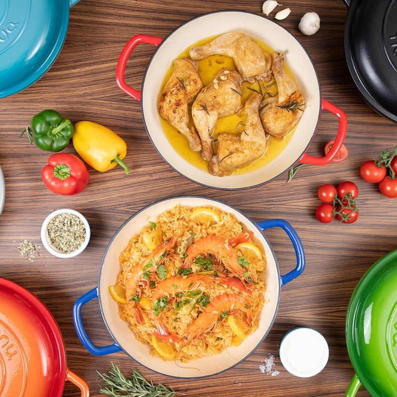 5-Quart Blue Enamel Cast Iron Dutch Oven Pot with Lid - Heavy-Duty Shallow Casserole Cookware, 500°F Oven Safe, Non-Stick Glass Coating, Sturdy Oval Design & Even Heat Distribution for Stovetop-to-Oven Cooking, Braising, Roasting, Baking - Durable &