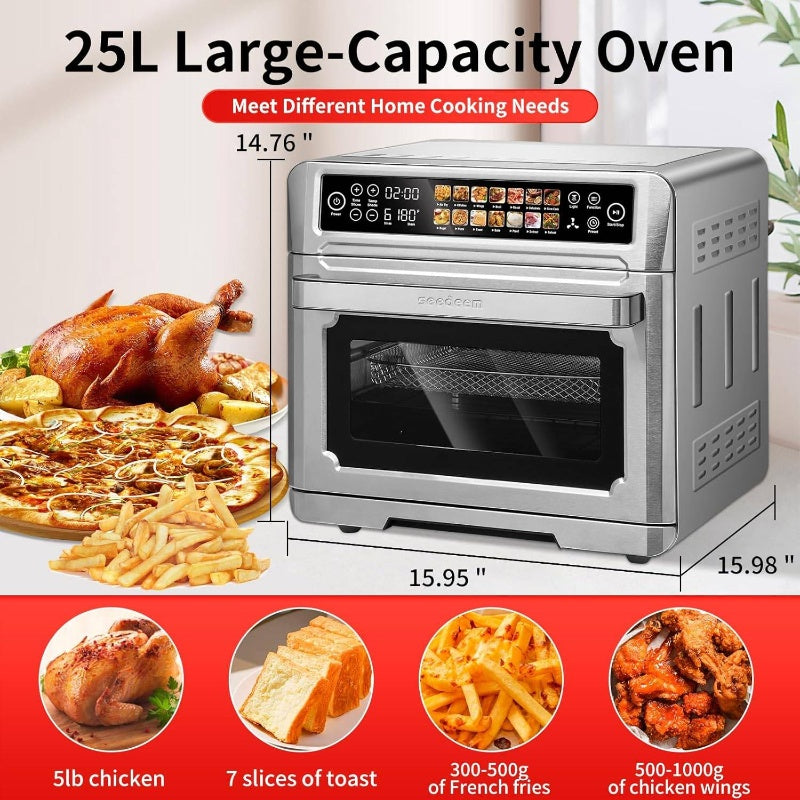 Air Fryer Toaster Oven, 6.6gal Countertop Convection Oven with Color LCD Display and Screen, 14 - in - 1 Functions, Stainless Steel Oven with Preset and Timer, Silvery Metallic,  Quick Meals, Compact Design, Nonstick Coating, Easy To Clean, Busy
