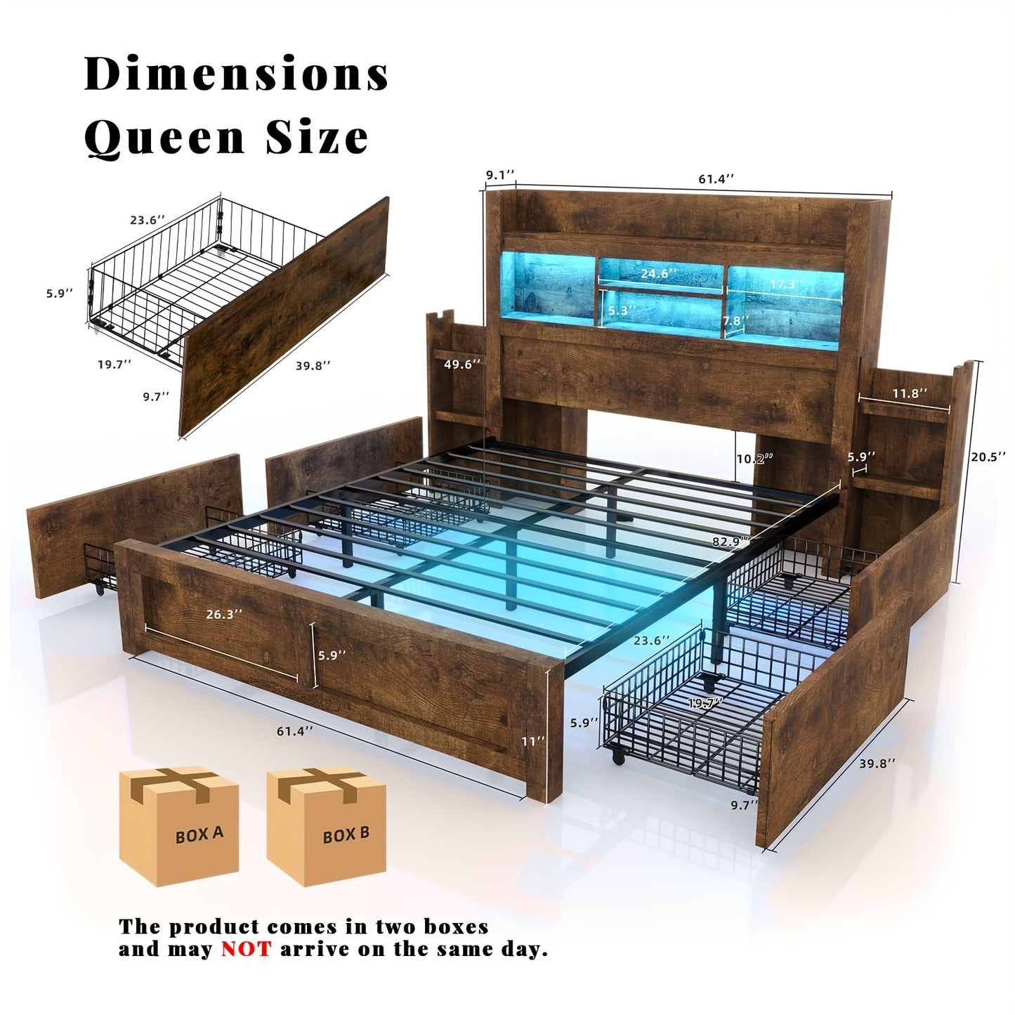 Farmhouse Wooden Bed Frame With 4 Storage Drawers, LED Bed Frame With 49\