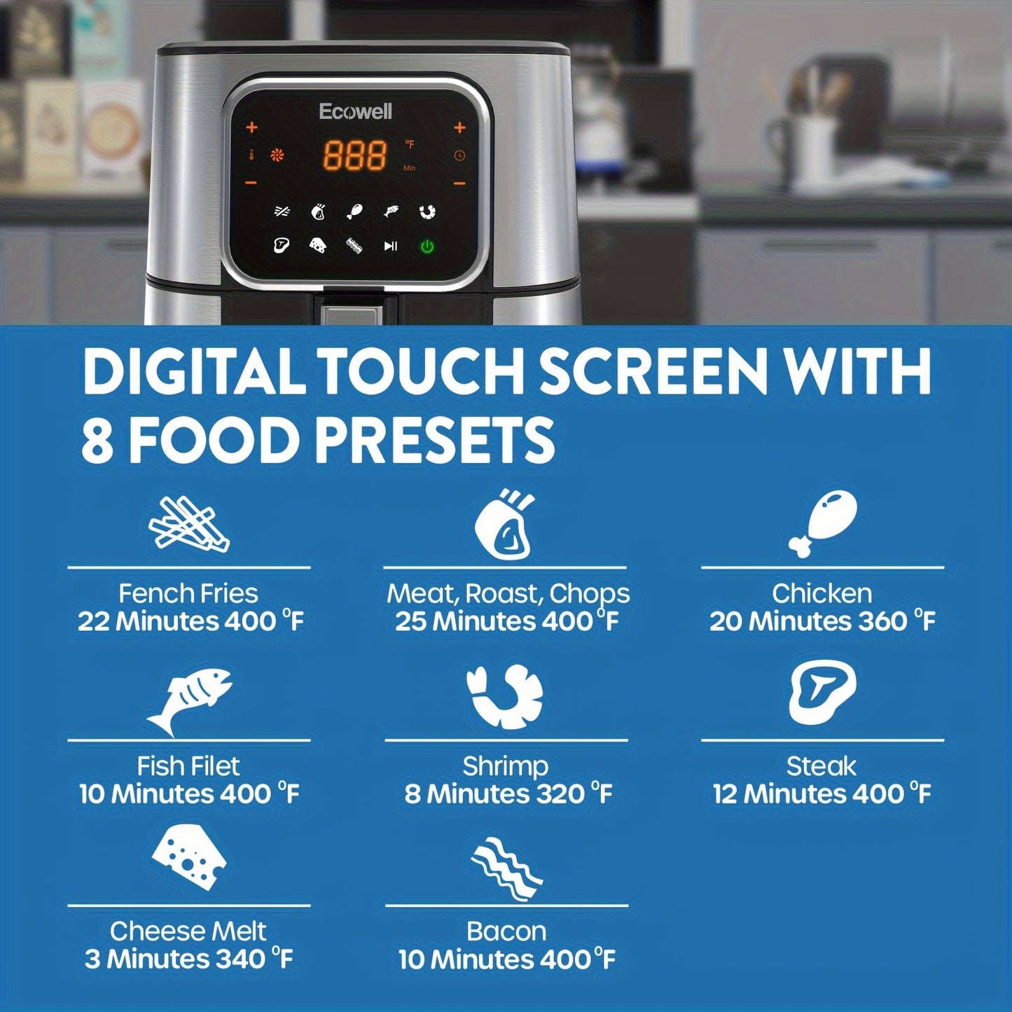 ECOWELL TXS5T2 6-Quart Stainless Steel Air Fryer for 3-5 People - Healthy Cooking with 8 Food Presets, Digital Touch Screen, BPA-Free, Nonstick, Dishwasher-Safe, 1700W, Sleek Black Design, Versatile Air Fryer|Digital Display Fryer|Safe Cooking Material