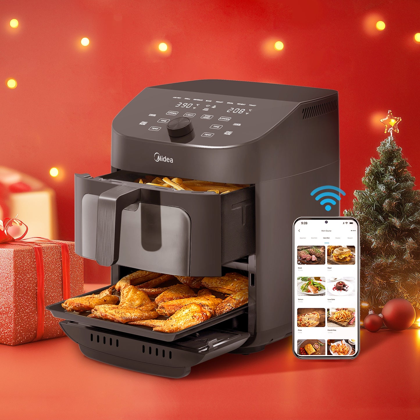 11 Quart Midea Dual Basket Air Fryer Oven with 8 Functions, Wi-Fi Connectivity, Alexa Compatibility, Smart Sync Finish, Clear Window, and 50 App Recipes for Baking, Roasting, Grilling, Broiling, and Family Meals