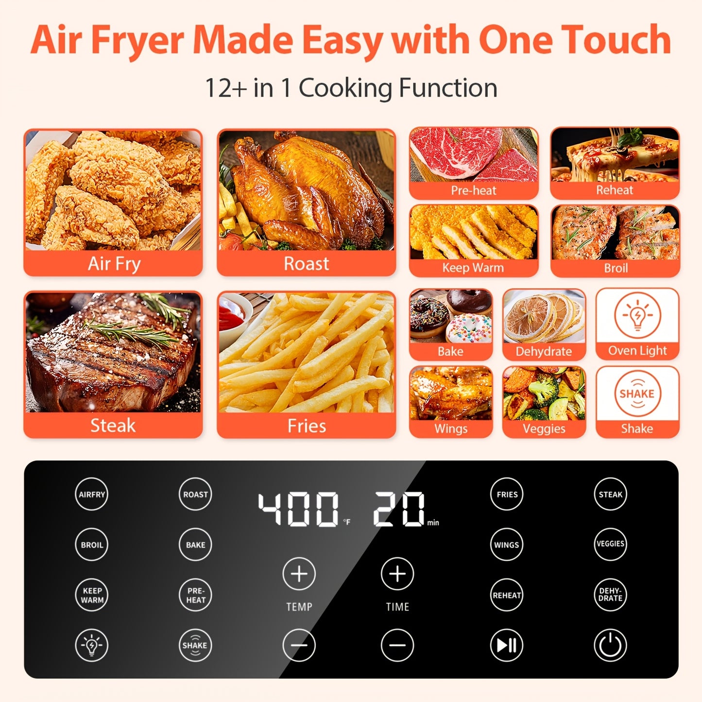 Beelicious Pro Air Fryer, 5.8QT Large Capacity Electric Air Fryer Oven with 12+ Easy Functions, Wide View Window & Oven Light, Multifunctional Touch Control for Home Kitchen, Mother'S Day Gift