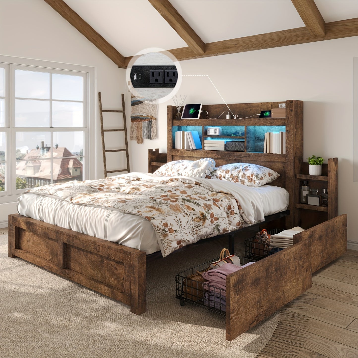 Farmhouse Wooden Bed Frame With 4 Storage Drawers, LED Bed Frame With 49\