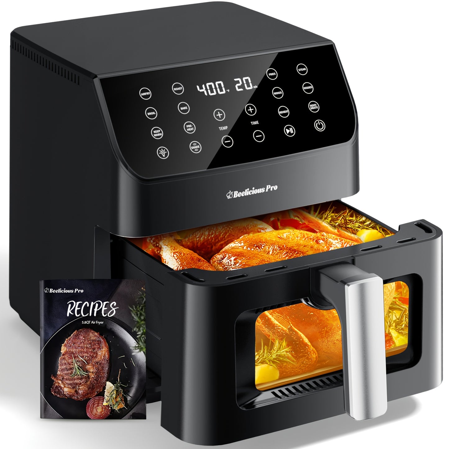 Beelicious Pro Air Fryer, 5.8QT Large Capacity Electric Air Fryer Oven with 12+ Easy Functions, Wide View Window & Oven Light, Multifunctional Touch Control for Home Kitchen, Mother'S Day Gift
