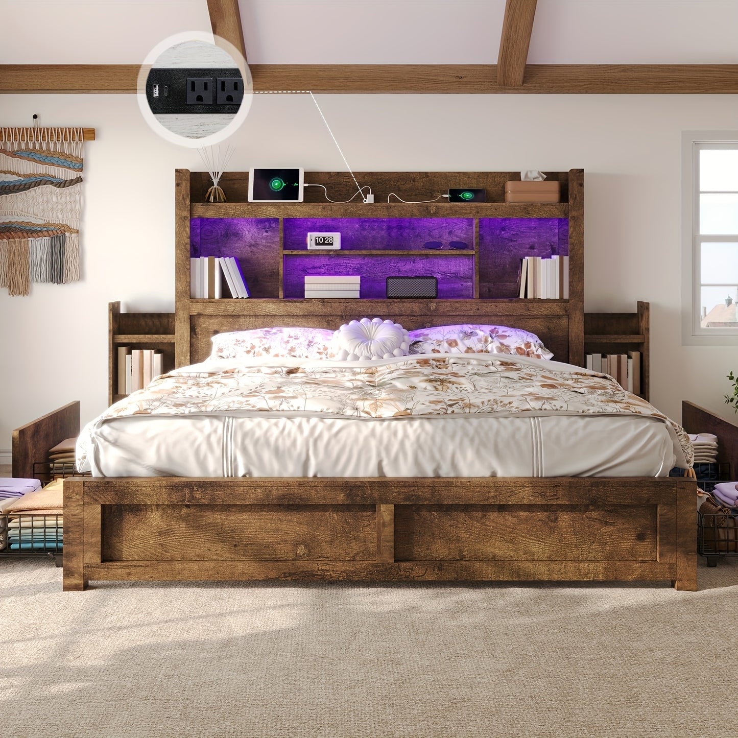 Farmhouse Wooden Bed Frame With 4 Storage Drawers, LED Bed Frame With 49\