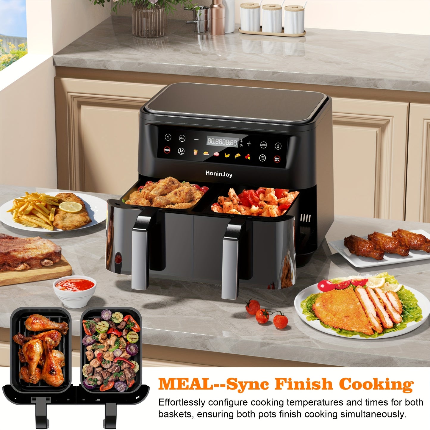 HoninJoy 10Qt 10-in-1 Dual Air Fryer, Fresh Balanced Meals for Family And Children with Double Baskets, Sync Cook & Finish to Bake, Roast, Reheat, Broil for Easy Cooking, Dishwasher Safe - Includes Air Fryer Paper Liners 50pcs