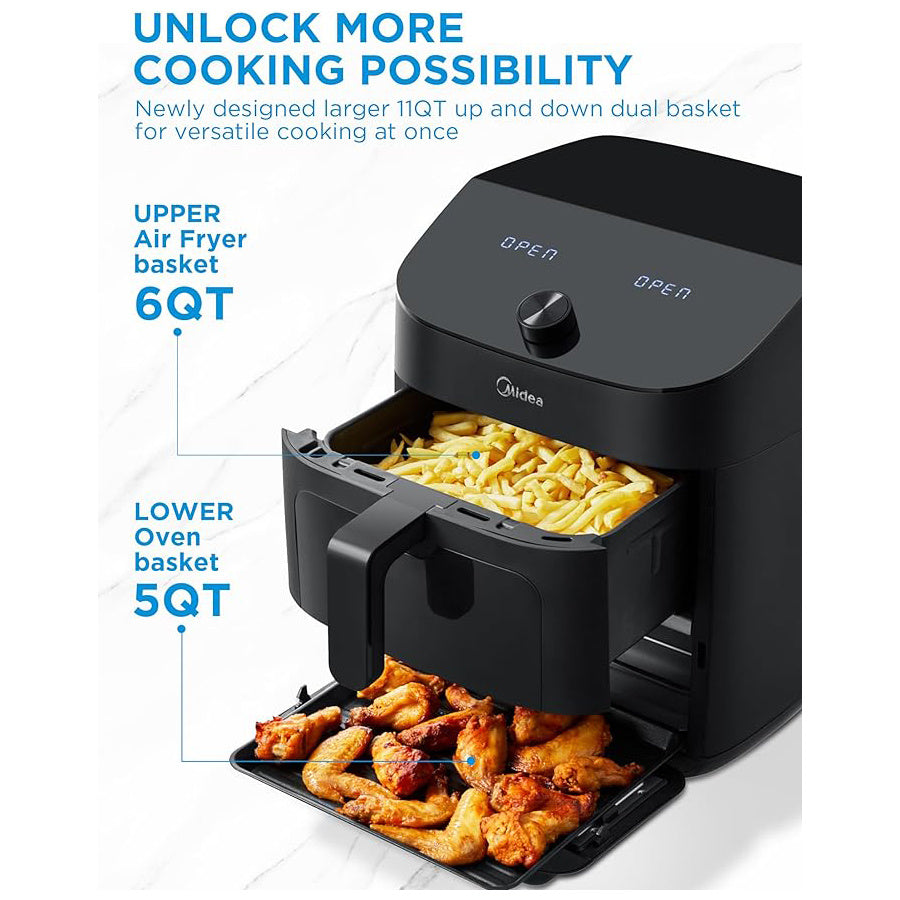 11 Quart Midea Dual Basket Air Fryer Oven with 8 Functions, Wi-Fi Connectivity, Alexa Compatibility, Smart Sync Finish, Clear Window, and 50 App Recipes for Baking, Roasting, Grilling, Broiling, and Family Meals