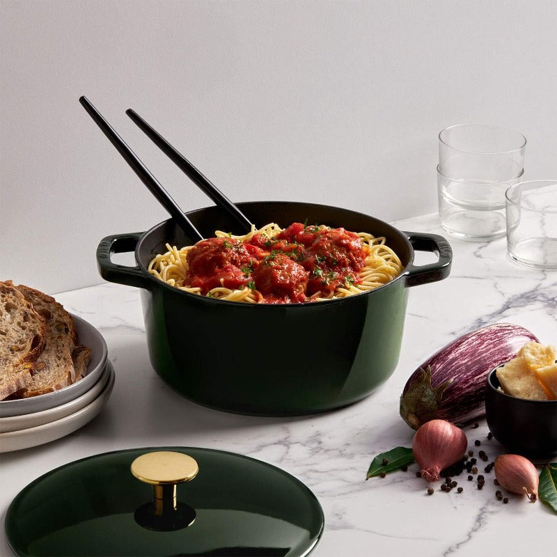 Milo by Kana 3.5 Quart Enameled Cast Iron Dutch Oven with Lid - Heavy-Duty Green Enamel Cookware, Induction & Oven Safe to 500°F, Dishwasher Safe, Lifetime - Belgian Porcelain Coating, Golden Knob, Casserole Pot for, Braising