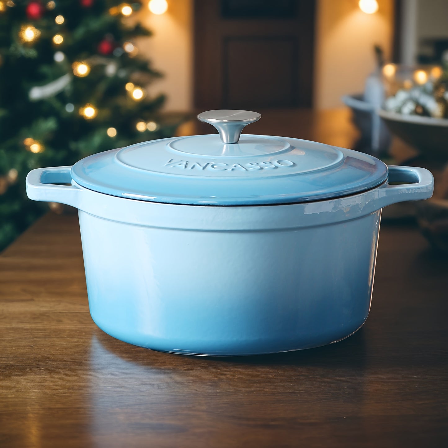 Cast Iron Pot, 5 Liters Blue Round Cast Iron Casserole Pot, Naturally Non-Stick Braise Pan with Stainless Steel Knob Lid Enameled Cast Iron Dutch Oven for All Hob Types - 26cm