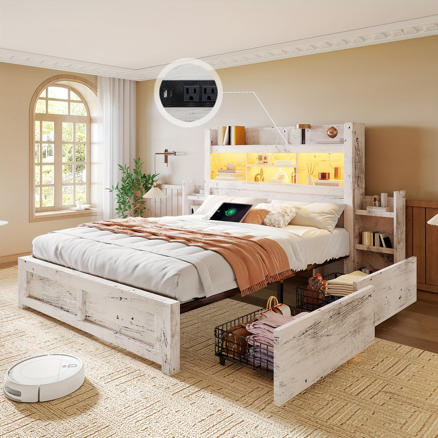 Farmhouse Wooden Bed Frame With 4 Storage Drawers, LED Bed Frame With 49\