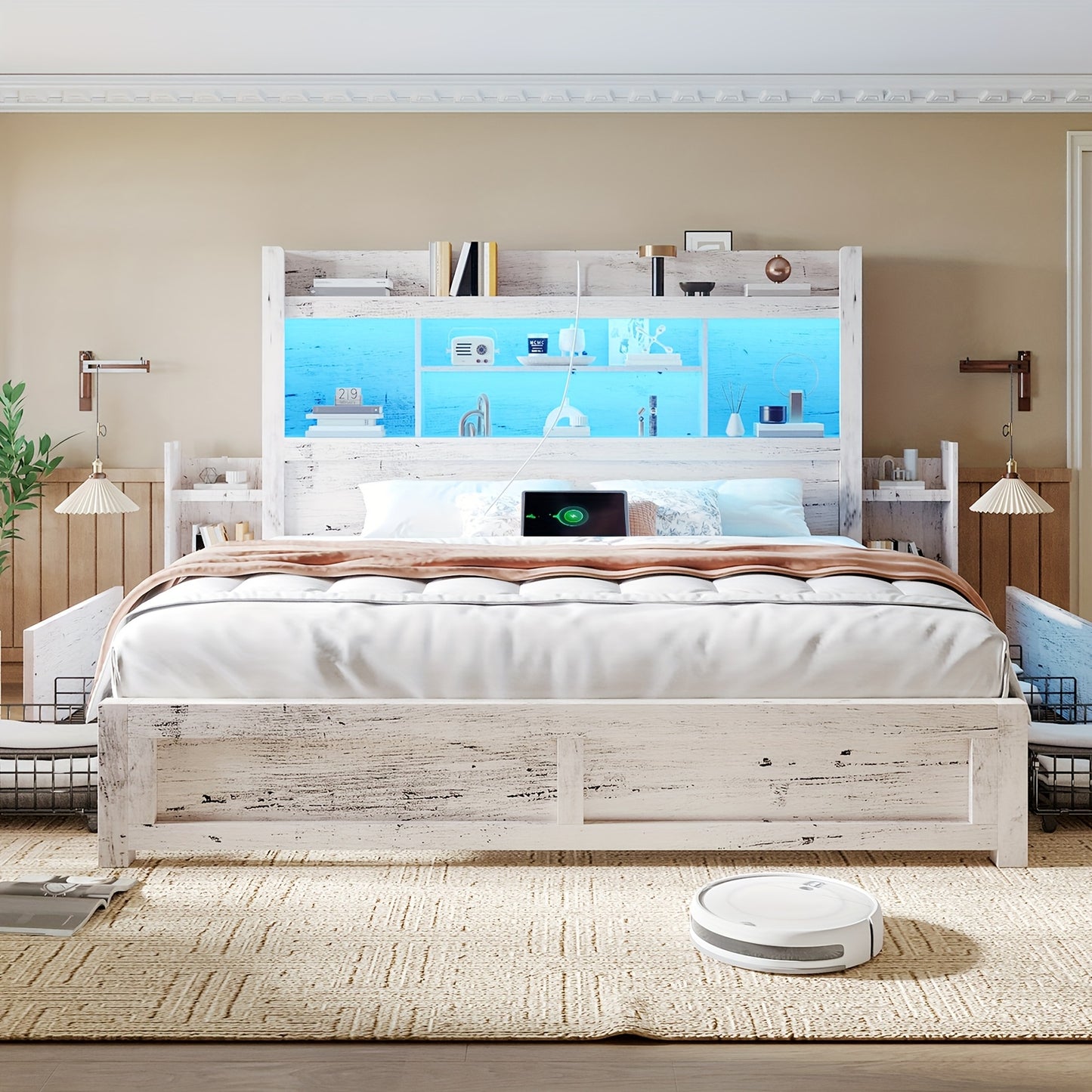 Farmhouse Wooden Bed Frame With 4 Storage Drawers, LED Bed Frame With 49\
