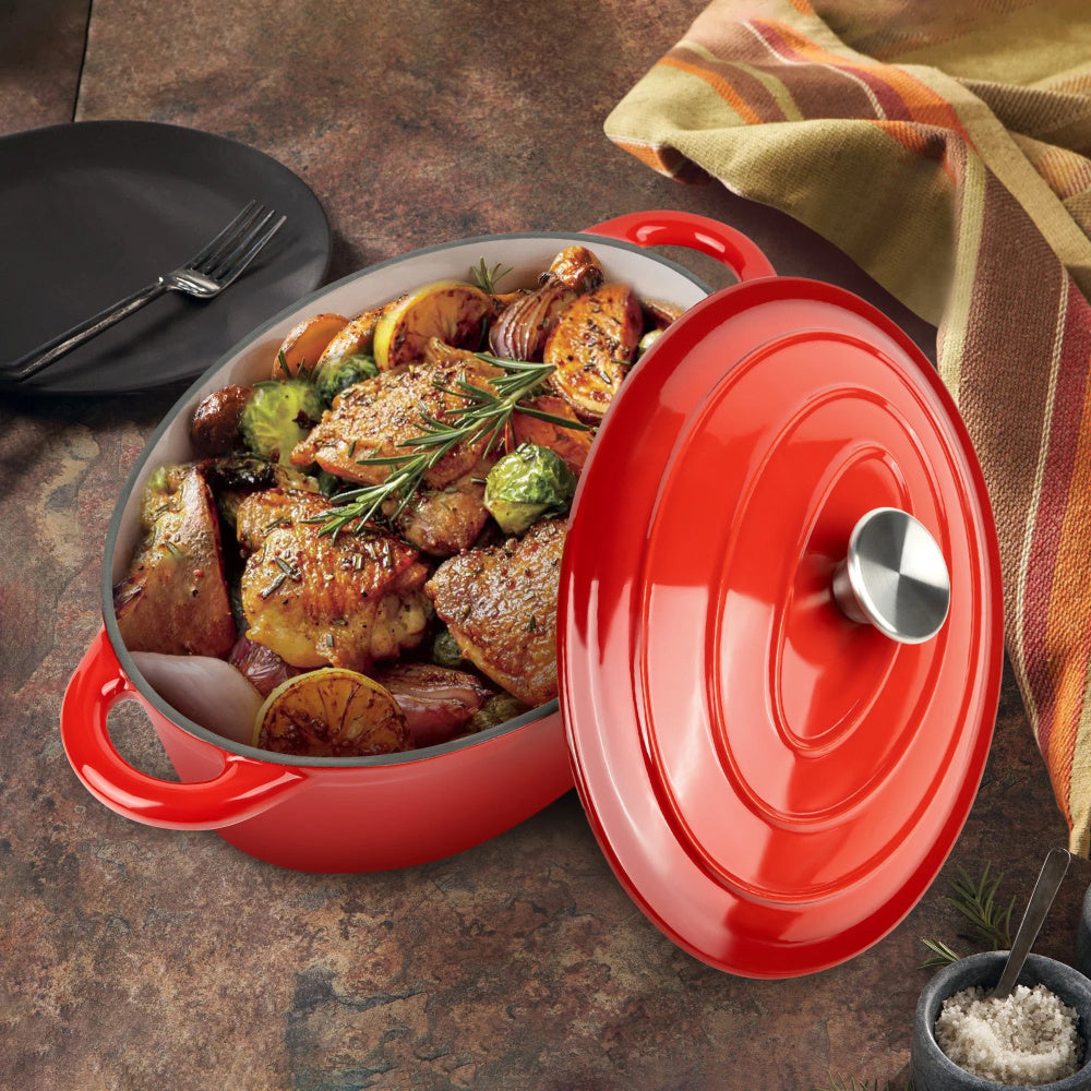 4.5qt Enameled Cast Iron Oval Dutch Oven, Red Nonstick Cookware with Lid – Halloween Gift, Thanksgiving Gift, Christmas Gift